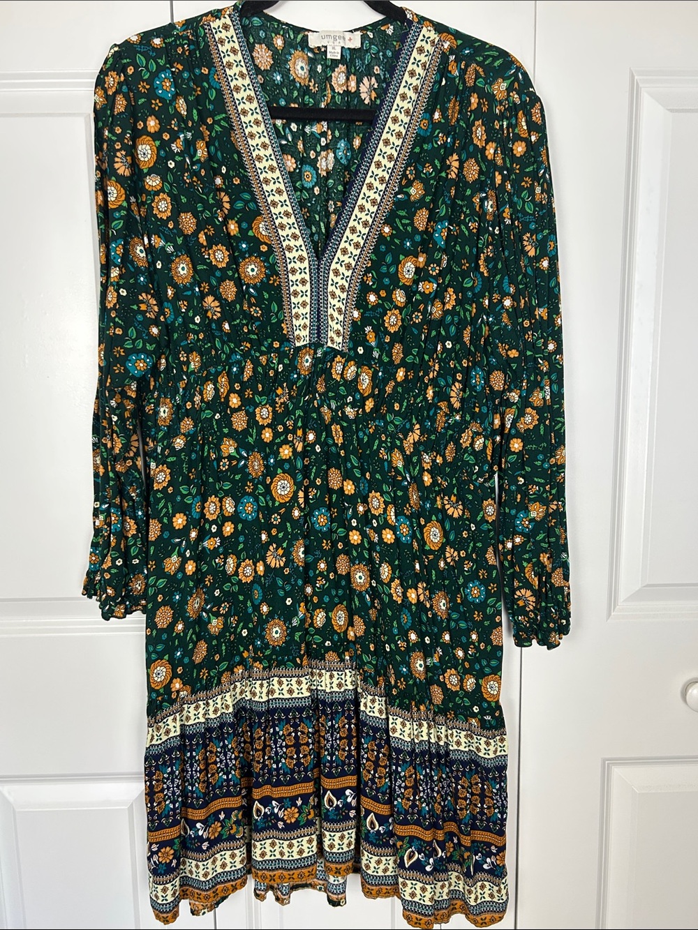 Umgee Green Floral Long Sleeve Boho Dress with Mustard Accents Size XL